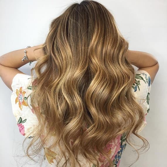 Mid-Back Wavy Layers With Blonde Balayage — Classy Light Brown Hair with Blonde