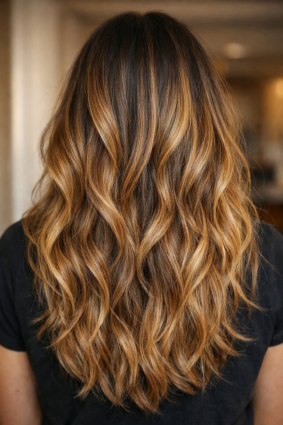Mid-Back Wavy Blowout With Balayage Highlights and A Middle Parting — Classy Light Brown Hair with Blonde