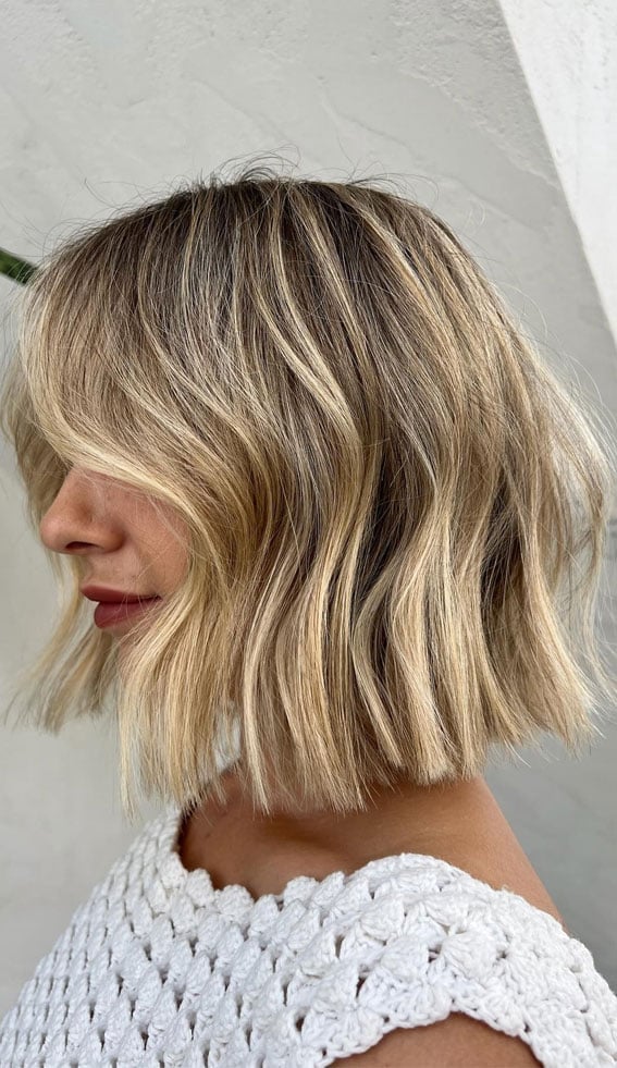 Chin Length Bob With Blunt Bangs — Classy Light Brown Hair with Blonde