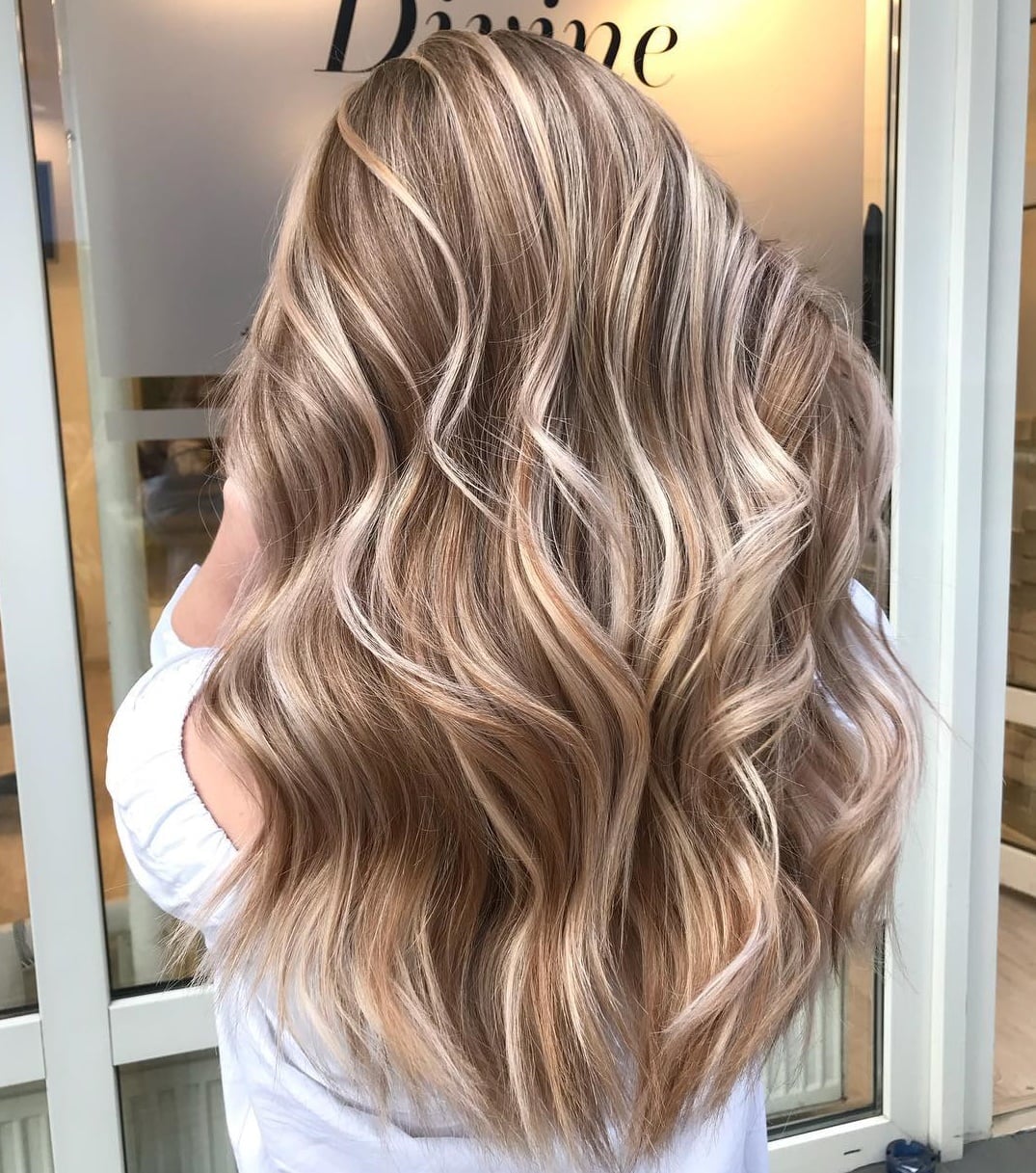 Mid-Back Waves With Strategic Blonde Highlights — Classy Light Brown Hair with Blonde