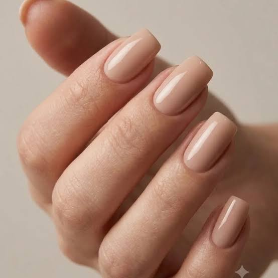 Short Square Milky Beige Glossy Nails — Classy Light Nails