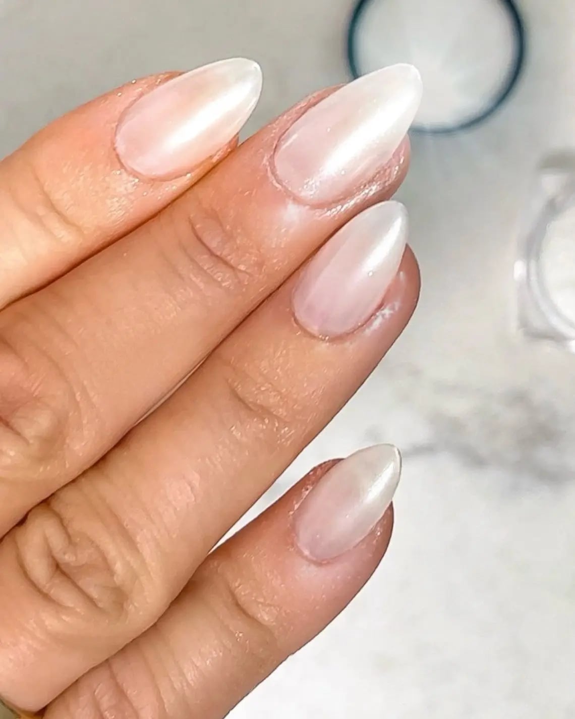 Short Almond Milky White Shimmer Nails — Classy Light Nails