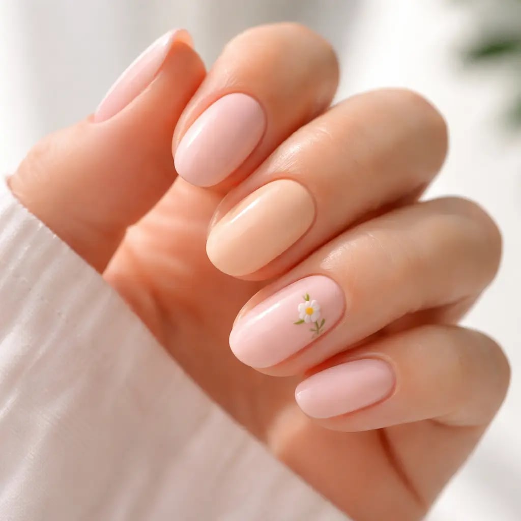 Short Oval Light Pink Peach Floral Accent Nails — Classy Light Nails