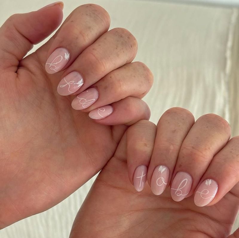 Short Oval Sheer Pink Script Butterfly Nails — Classy Light Nails