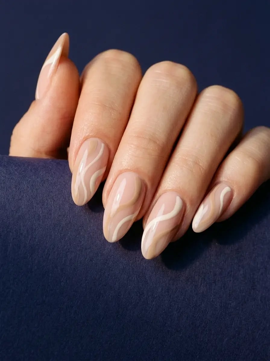 Medium Almond Nude Swirl Abstract Nails — Classy Light Nails
