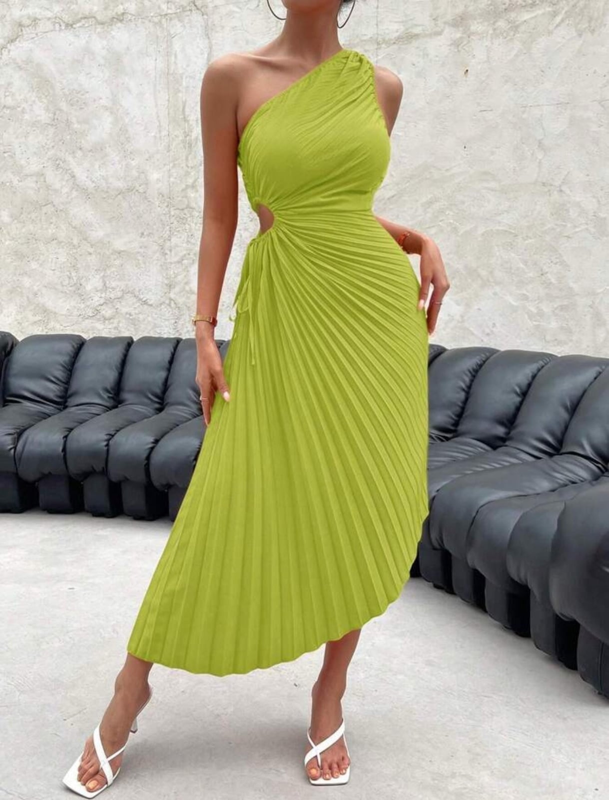 Lime Green One-Shoulder Pleated Fit And Flare Dress — Classy Lime Dress