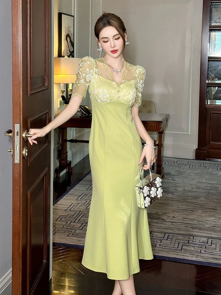 Lime Green Lycra Mermaid Dress With Lace Sleeves — Classy Lime Dress