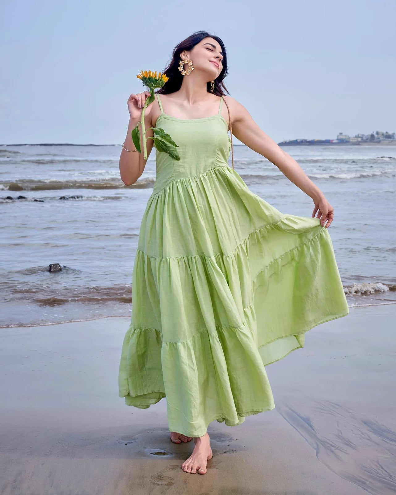 Lime Green Linen Georgette Tiered Maxi Dress — Classy Lime Dress