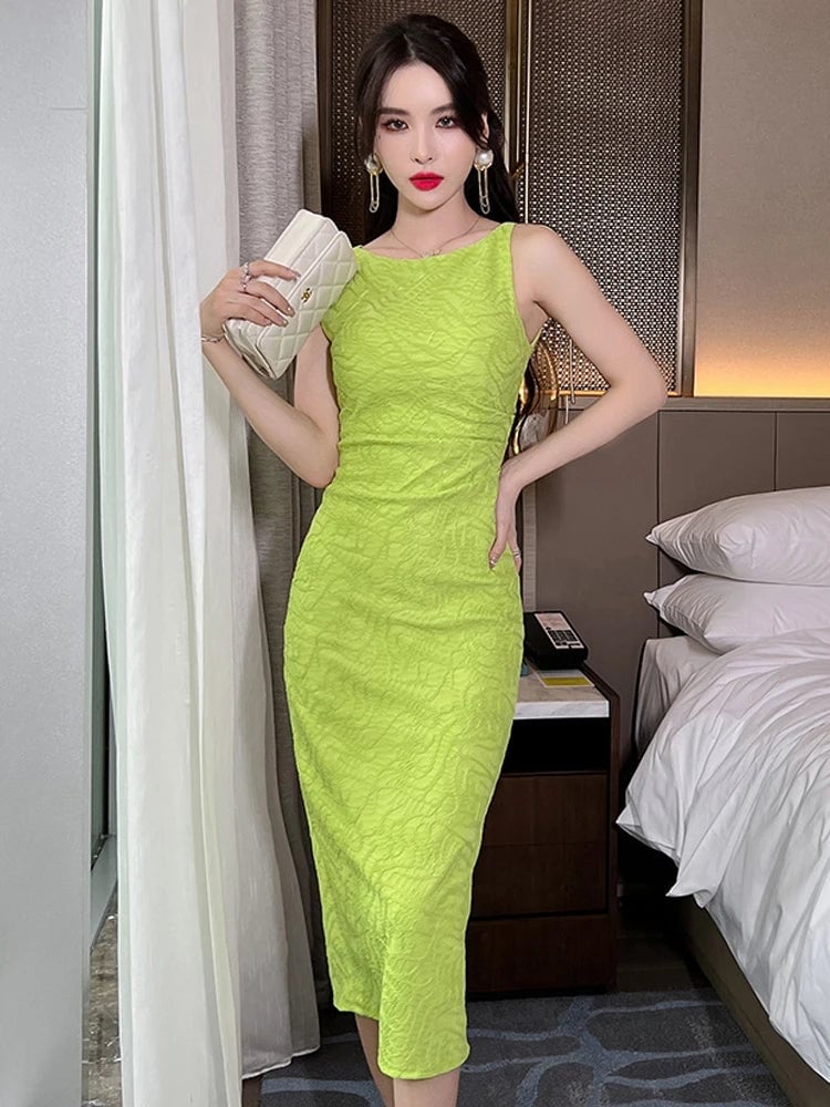 Lime Green Textured Knit Bodycon Midi Dress — Classy Lime Dress