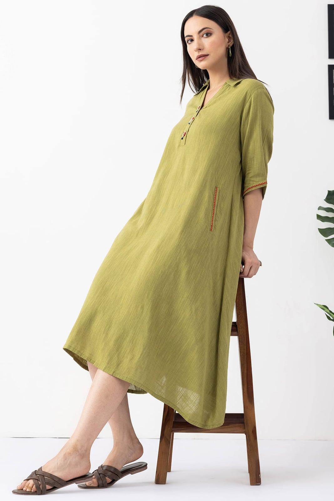Lime Green Viscose Cotton Slub Midi Dress — Classy Lime Dress