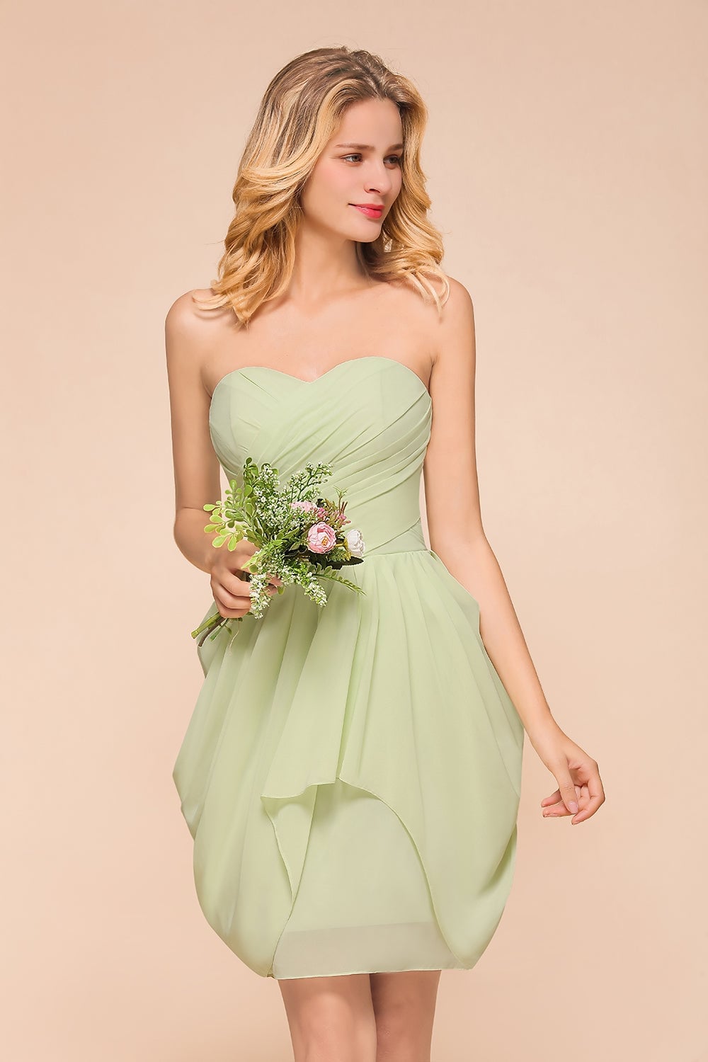 Light Green Strapless A-Line Chiffon Dress, Close-Up Take — Classy Lime Dress