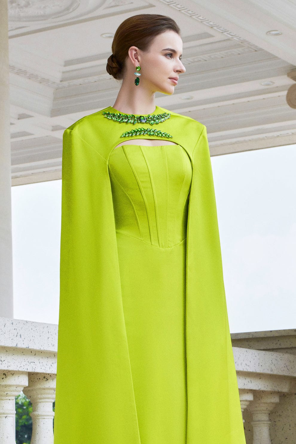 Lime Green Satin Dress With Flowing Cape — Classy Lime Dress