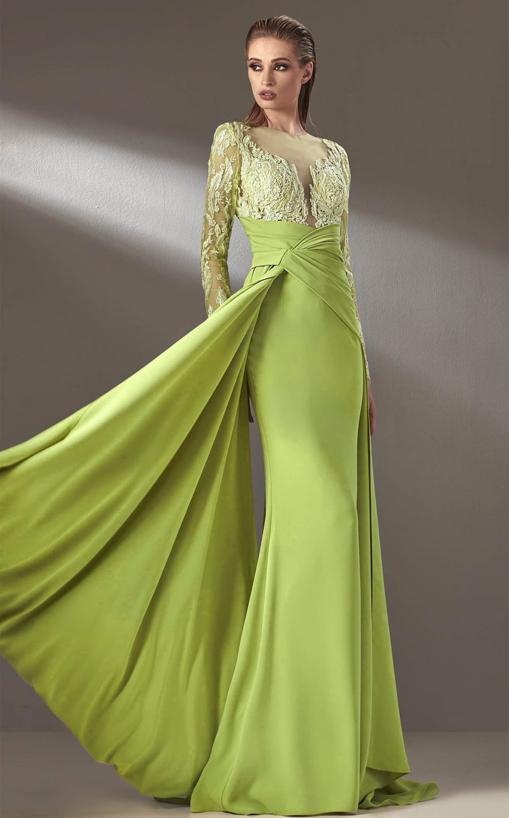 Lime Green Crepe Gown With Lace Accents — Classy Lime Dress