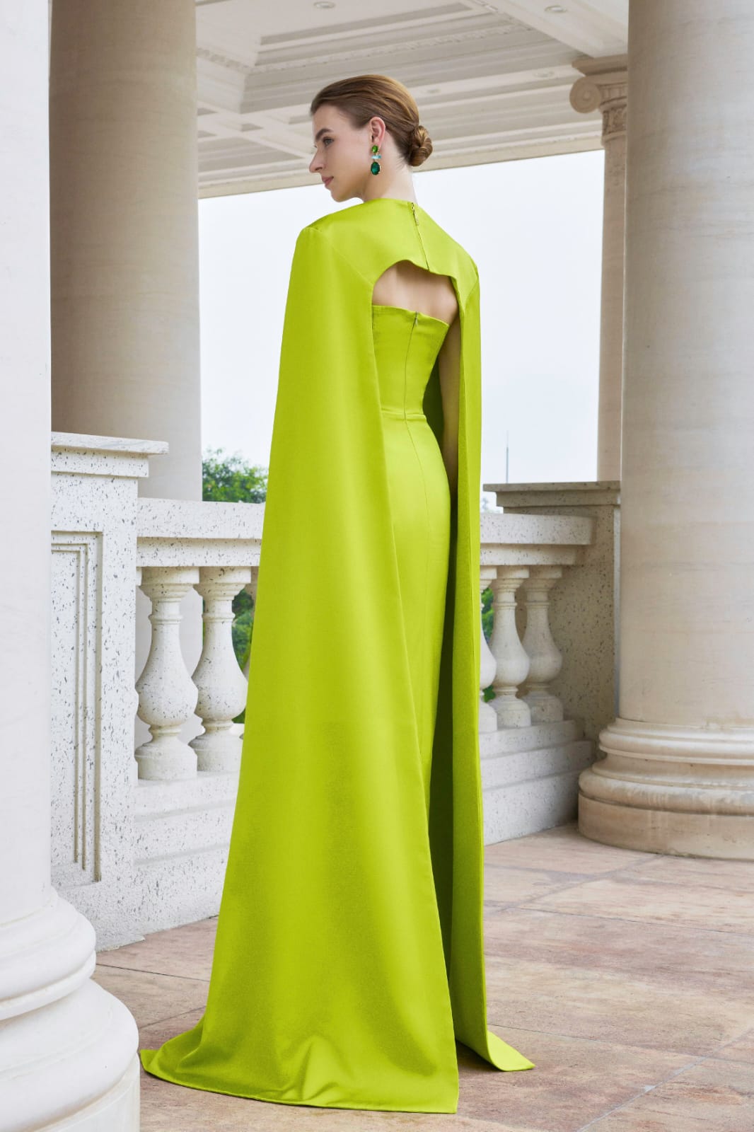 Fitted Lime Green Satin Gown With Dramatic Cape — Classy Lime Dress