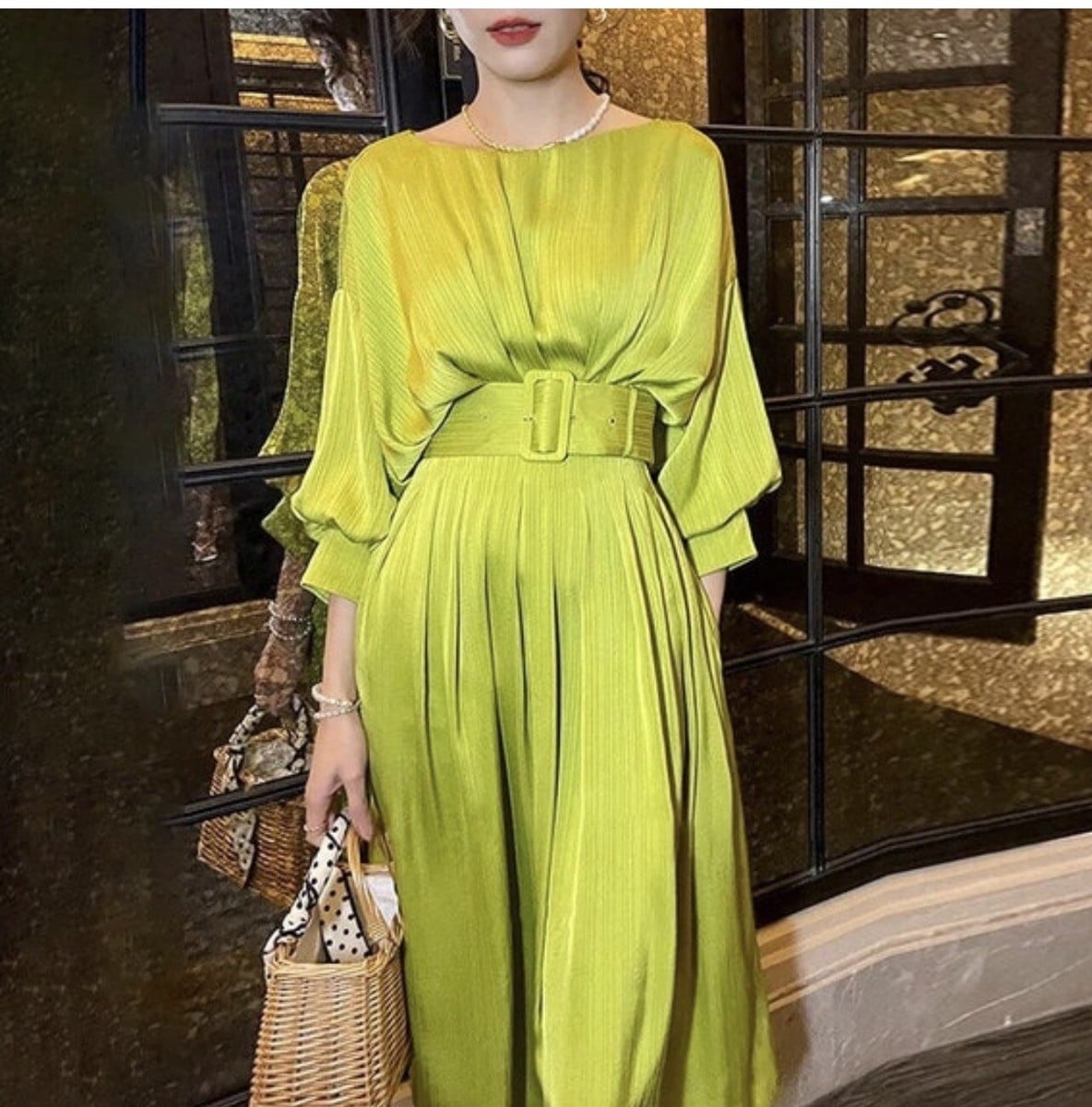 Bright Lime Green Pleated Satin Midi Dress — Classy Lime Dress