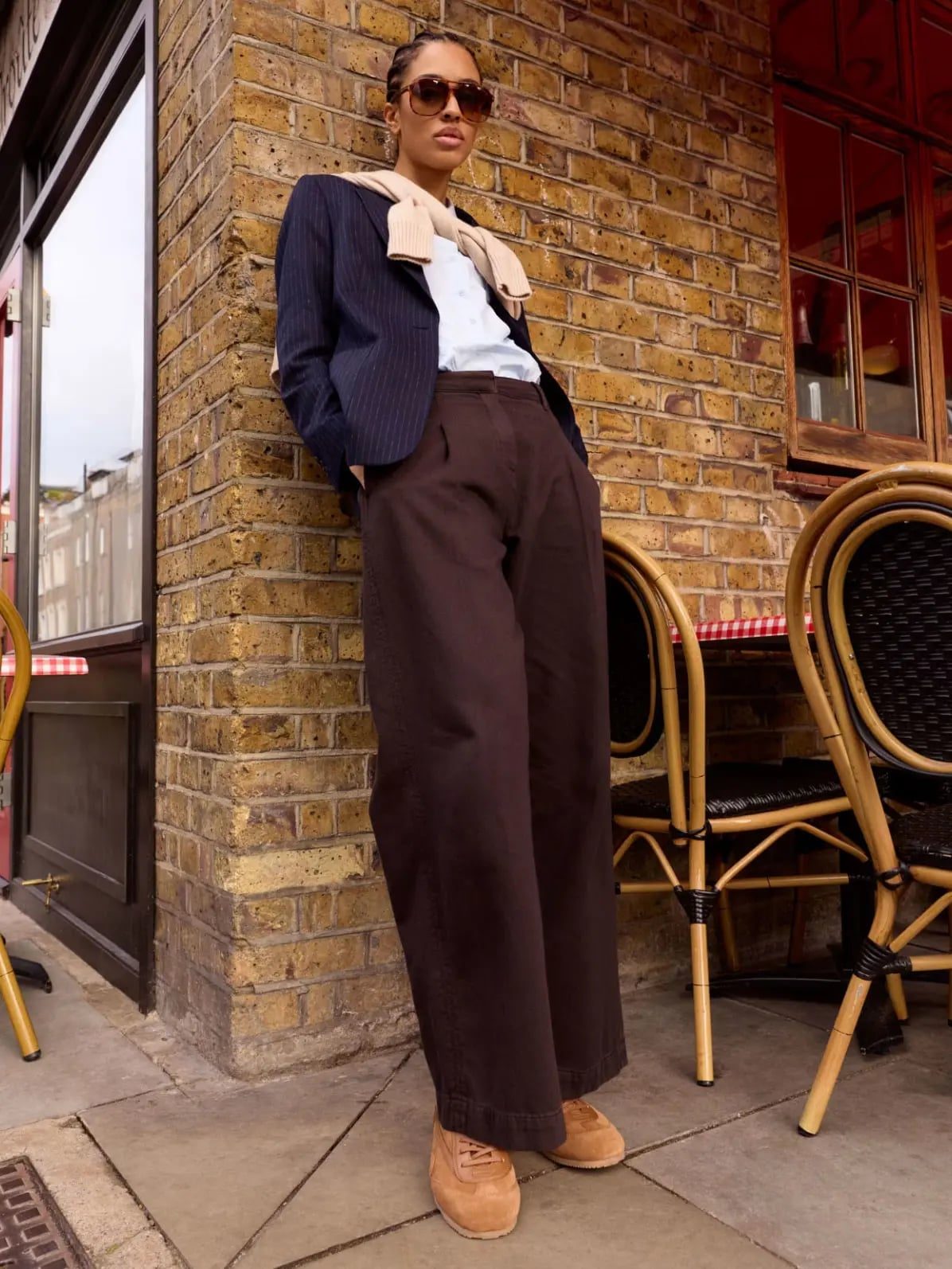 Pinstripe Blazer with Beige Sweater Pinstripe Blazer with Beige Sweater — Classy London Outfits