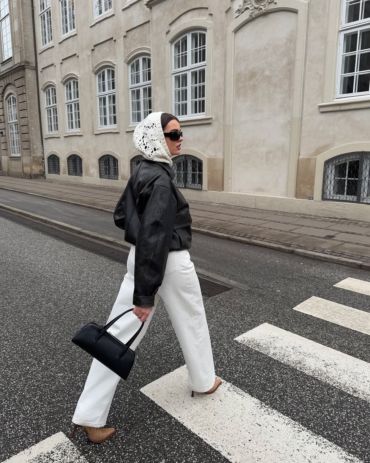 Black Leather Bomber with Crochet Headscarf Black Leather Bomber with Crochet Headscarf — Classy London Outfits