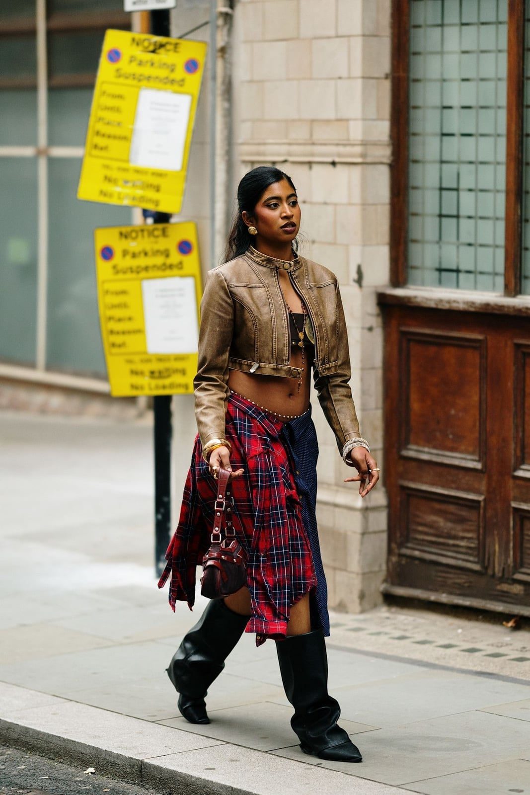 Cropped Leather Jacket with Plaid Shirt Cropped Leather Jacket with Plaid Shirt — Classy London Outfits