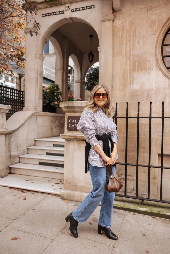 Striped Shirt with Black Sweater Tied Striped Shirt with Black Sweater Tied — Classy London Outfits