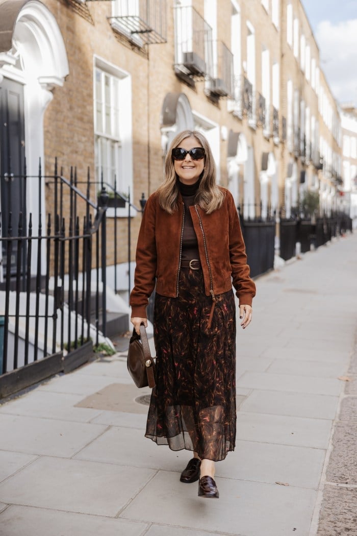 Brown Suede Bomber Jacket with Midi Skirt Brown Suede Bomber Jacket with Midi Skirt — Classy London Outfits