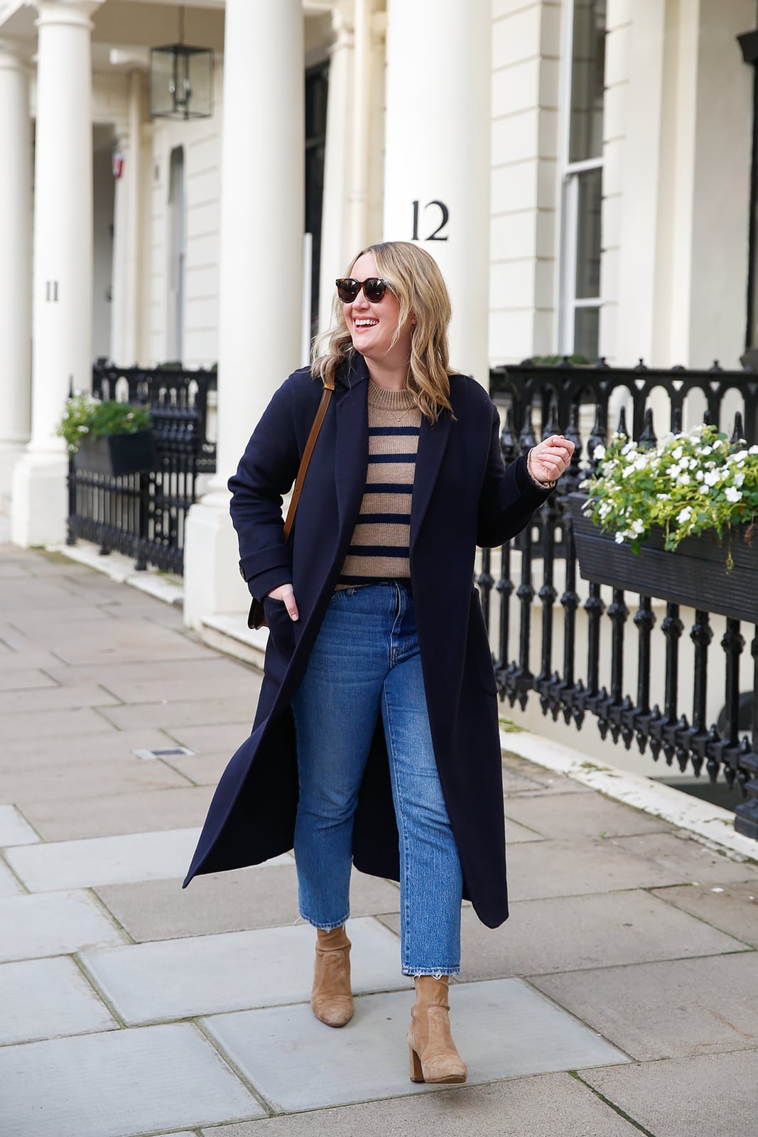 Navy Wool Coat with Striped Sweater Navy Wool Coat with Striped Sweater — Classy London Outfits