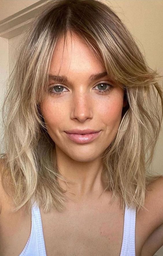 Collarbone Blonde Long Bob With Curtain Bangs, Wavy — Classy Long Bob