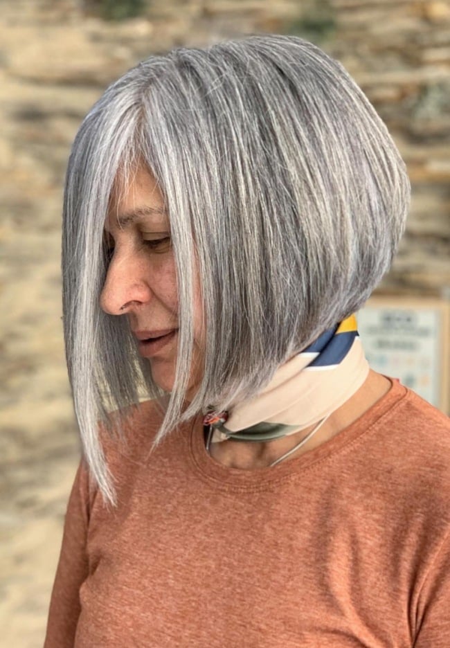 Angled Grey Bob With Side-Swept Bang — Classy Long Bob