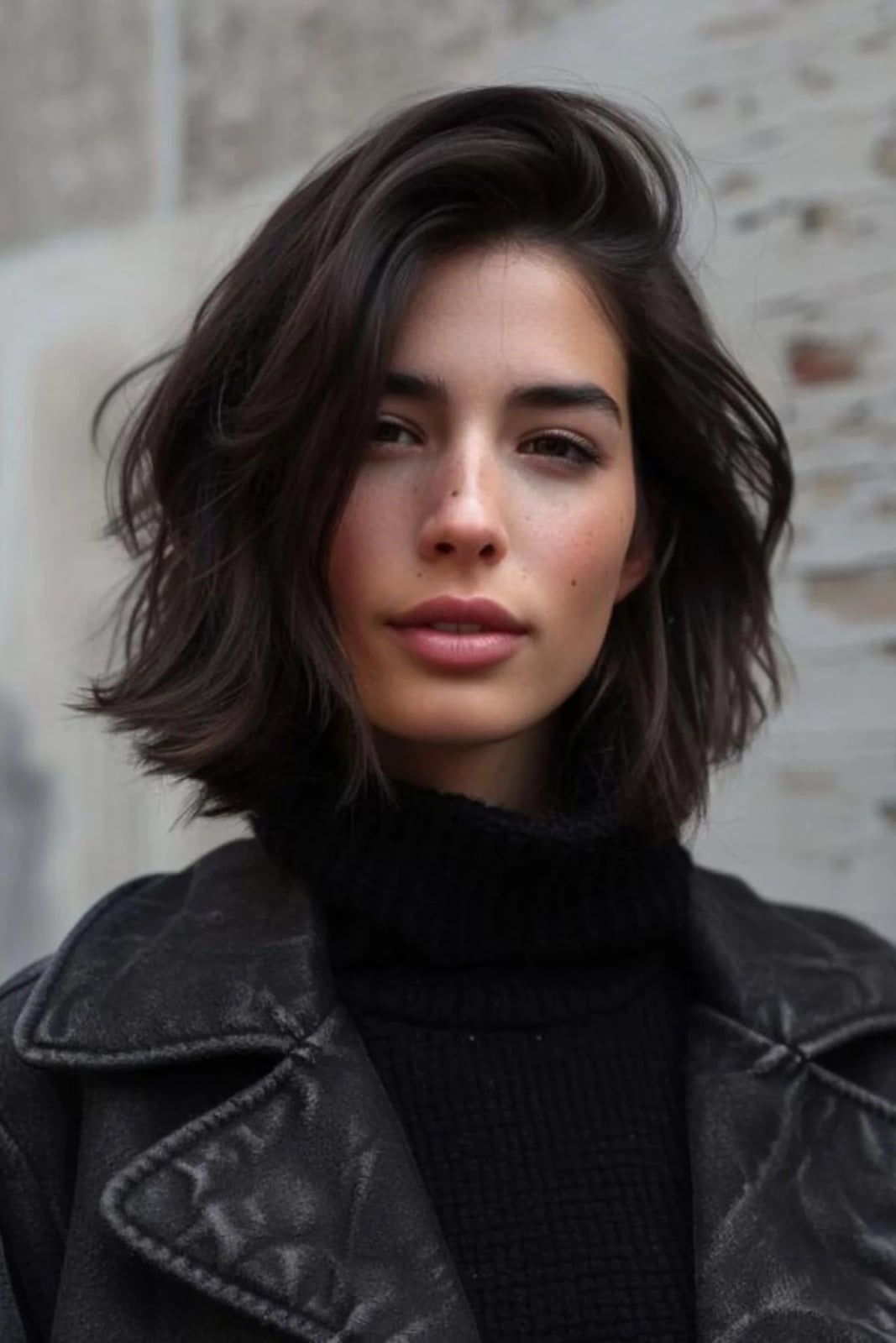 Collarbone Bob With Curtain Bangs and Layers, Dark Brown — Classy Long Bob