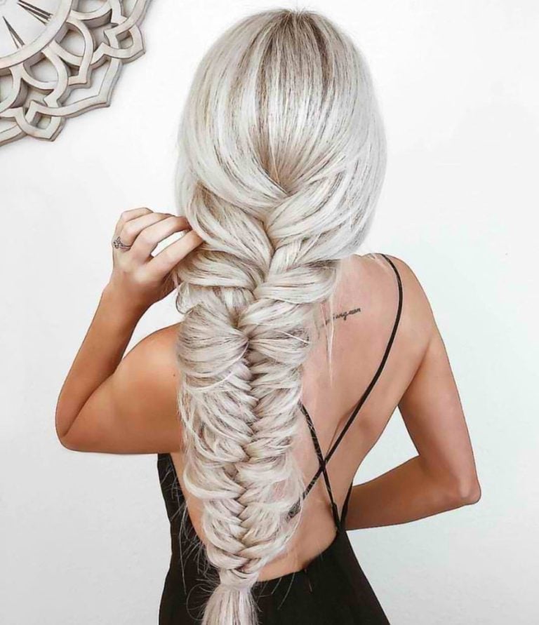 Voluminous Mid-Back Platinum Blonde Fishtail Braid — Classy Long Braids