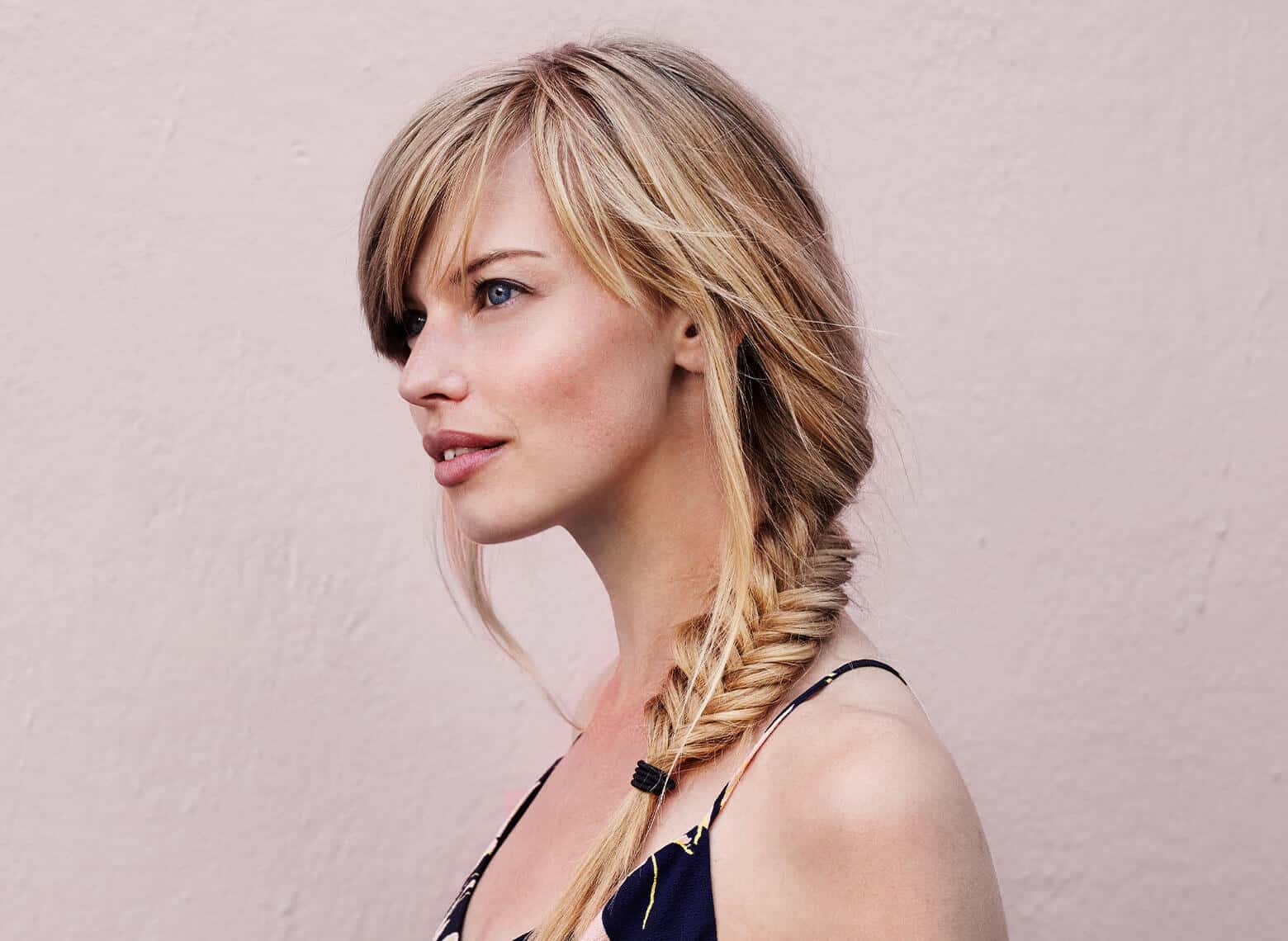 Fine Wavy Blonde Fishtail Braid With Curtain Bangs — Classy Long Braids