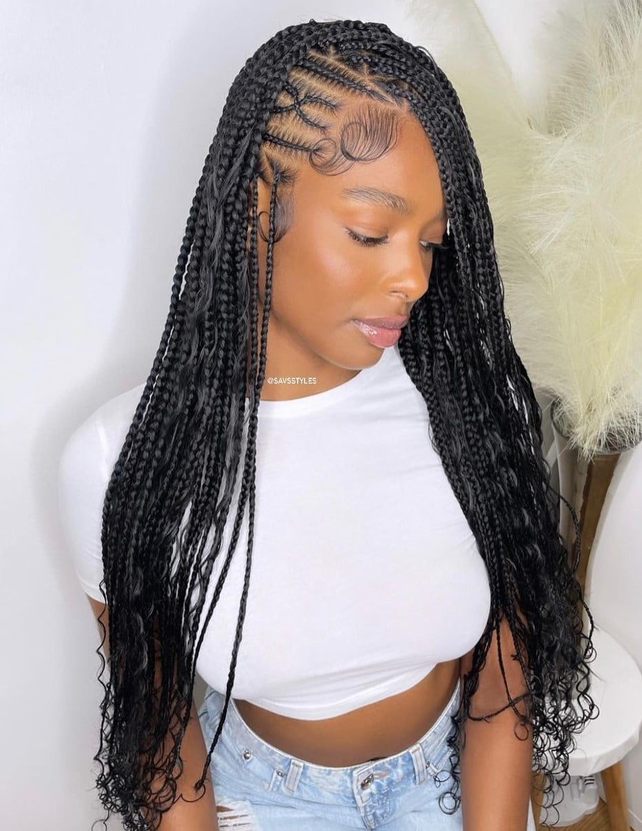 Mid-Back Box Braids With Wavy Ends And Curtain Bangs — Classy Long Braids