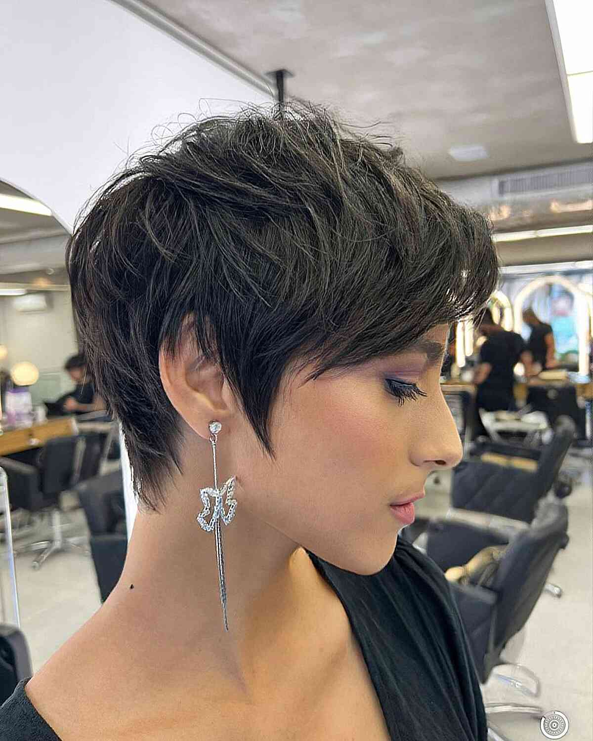 Dark Brown Wavy Pixie With Textured Layers — Classy Long Pixie