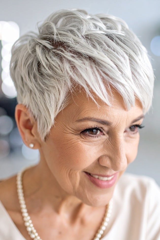 Silver Grey Pixie With Wispy Bangs — Classy Long Pixie