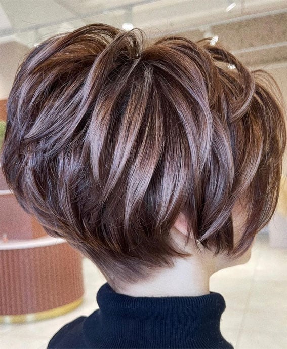 Stacked Dark Brown Pixie With Highlights — Classy Long Pixie