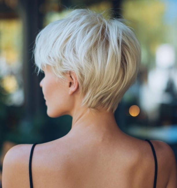 Ash Blonde Layered Pixie Back View — Classy Long Pixie