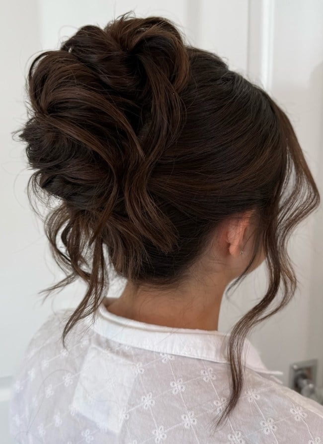 Thick Dark Brown Loose Updo With Tendrils, Mid-Back Thick Dark Brown Loose Updo With Tendrils, Mid-Back — Classy Loose Updo