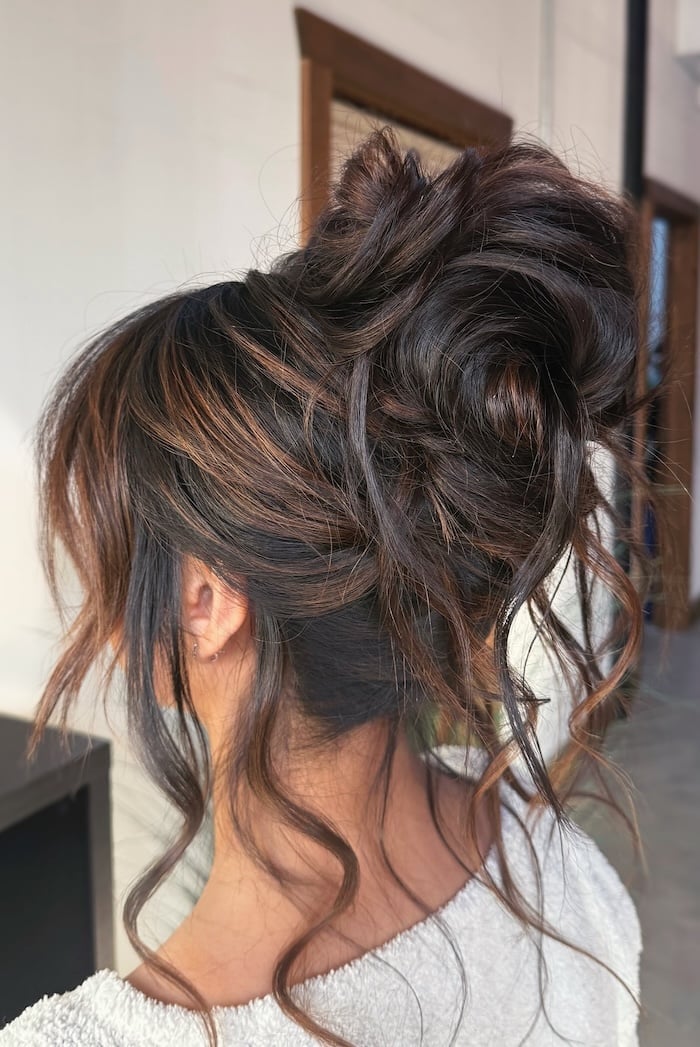 Dark Brown Thick Updo With Loose Curls, Wavy Dark Brown Thick Updo With Loose Curls, Wavy — Classy Loose Updo