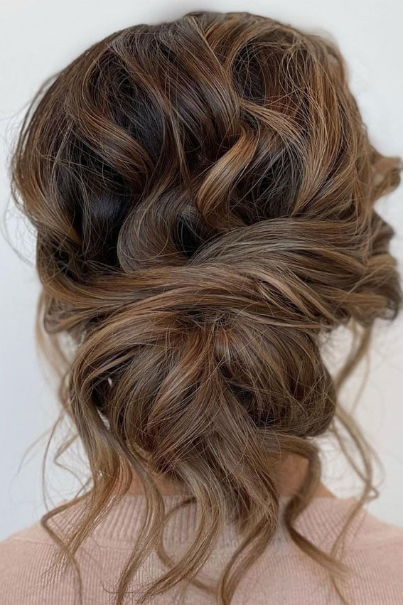 Medium Brown Undone Updo With Caramel Highlights Medium Brown Undone Updo With Caramel Highlights — Classy Loose Updo