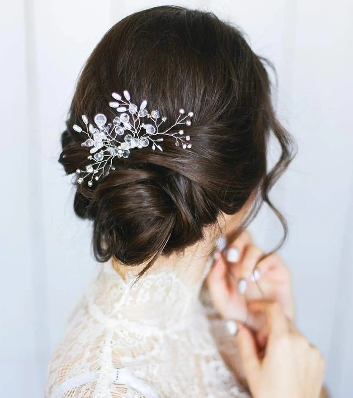 Dark Brown Low Bun With Sparkling Accessory — Classy Low Bun Wedding Hair
