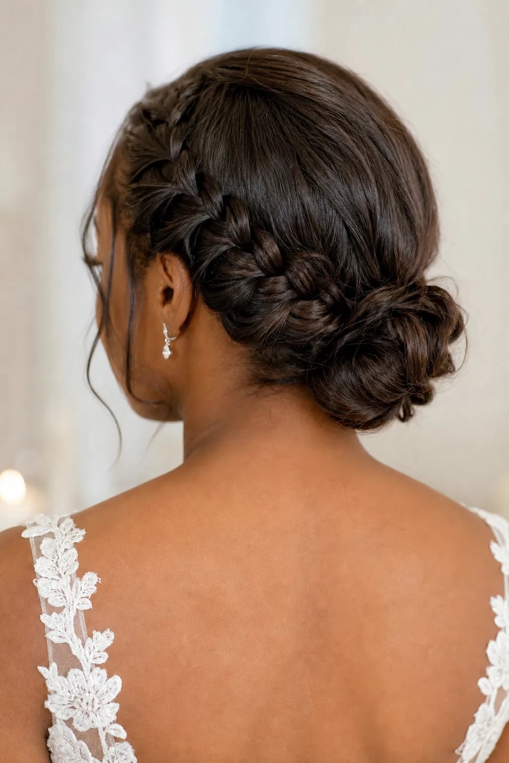 Braided Accent Dark Brown Wavy Updo — Classy Low Bun Wedding Hair