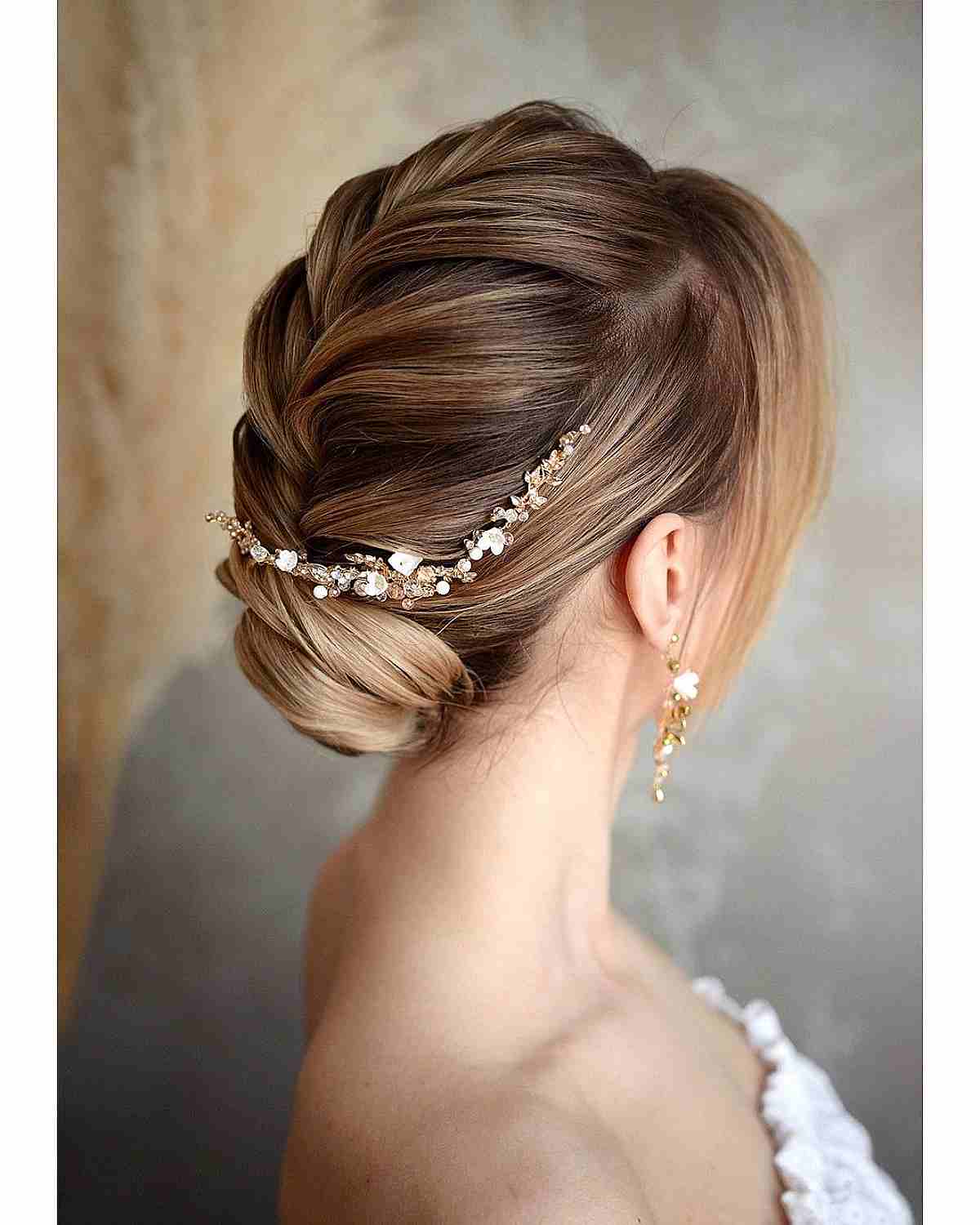 Wavy Brown Blonde Highlights Braided Updo — Classy Low Bun Wedding Hair