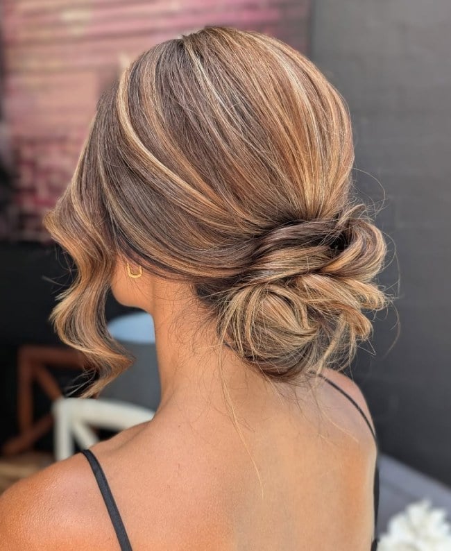 Textured Romantic Brown Balayage Updo — Classy Low Bun Wedding Hair
