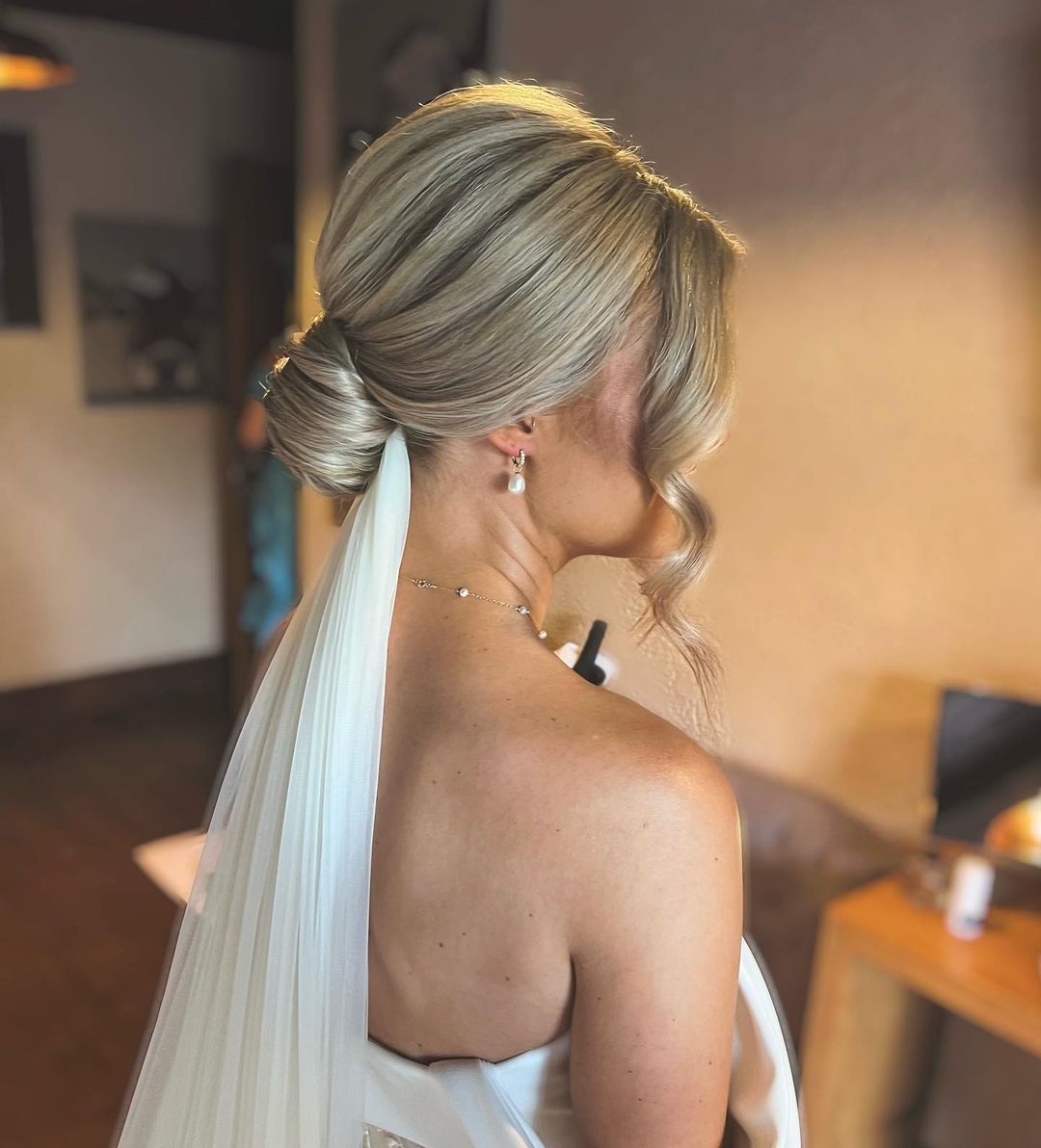 Blonde Soft Waves Low Bun With Veil — Classy Low Bun Wedding Hair