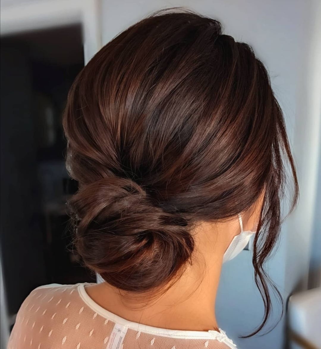 Polished Dark Brown Sleek Updo — Classy Low Bun Wedding Hair