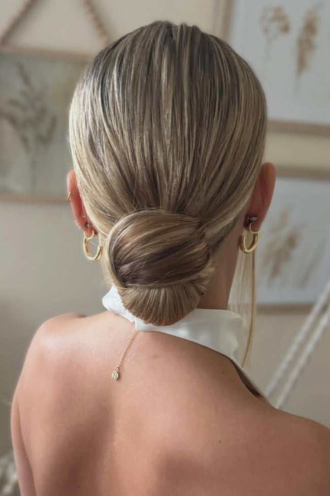 Minimalist Mushroom Blonde Low Bun — Classy Low Bun Wedding Hair