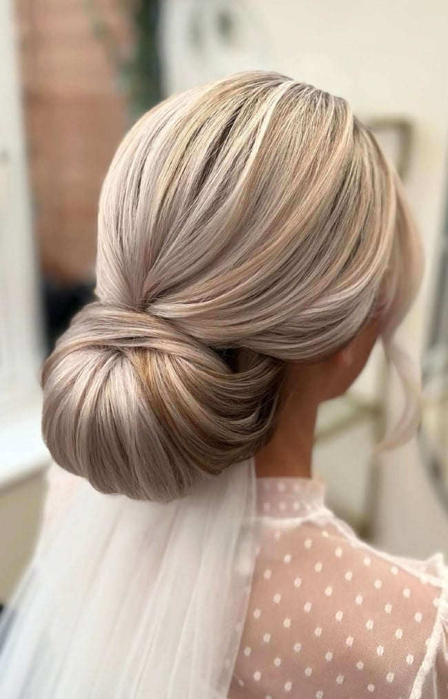 Ash Blonde Low Bun With Lowlights — Classy Low Bun Wedding Hair