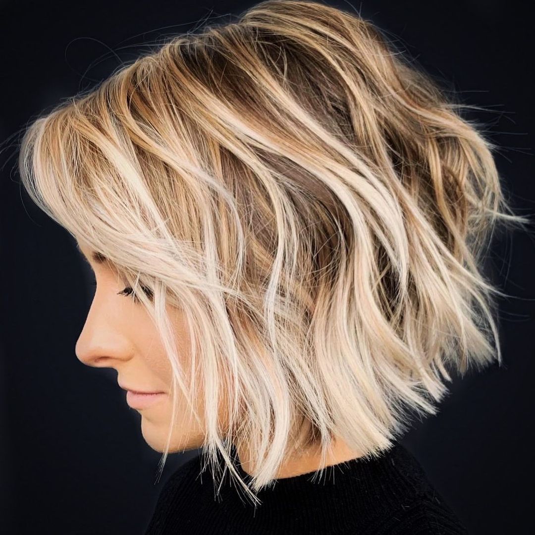 Chin Length Ash Blonde Bob With Curtain Bangs Chin Length Ash Blonde Bob With Curtain Bangs — Classy Lowlights for Blondes