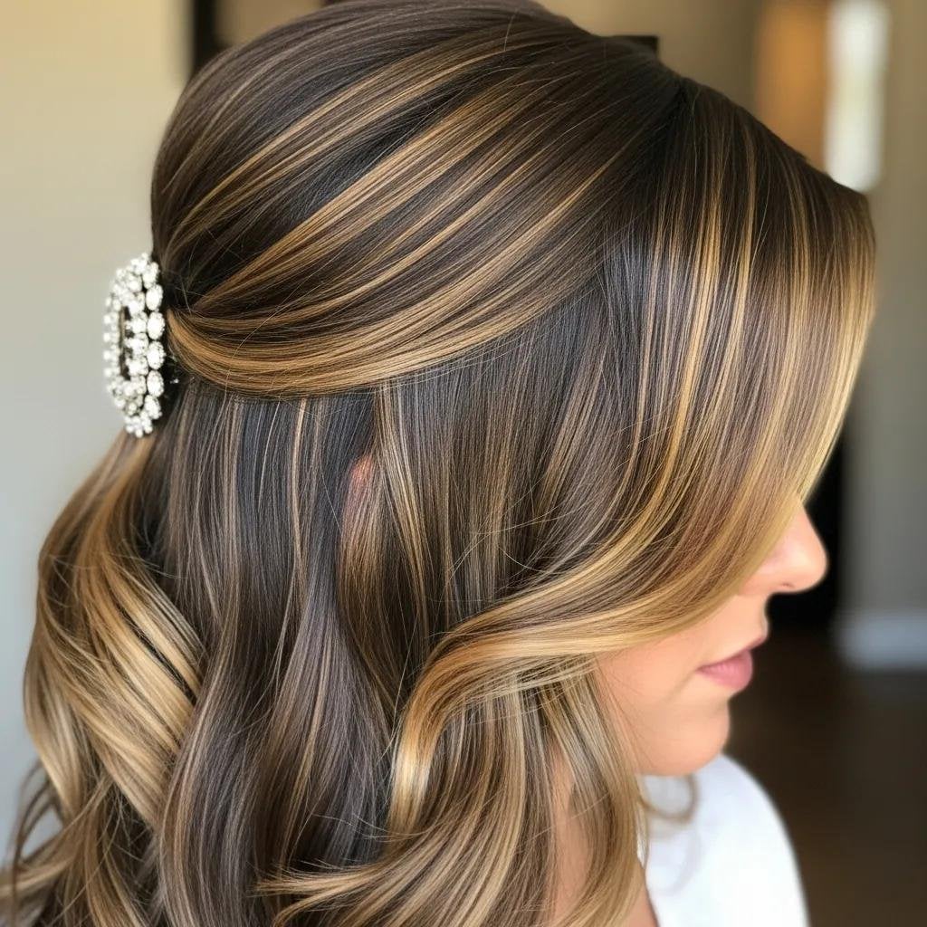 Deep Brunette With Blended Lighter Brown Lowlights and Curtain Bangs — Classy Lowlights for Brunettes