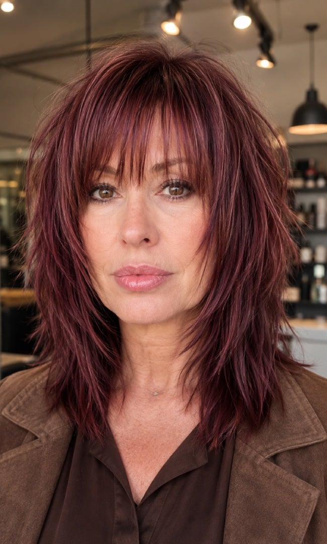 Mid-Back Voluminous Layers With Curls, Close-Up Take — Classy Mahogany Hair