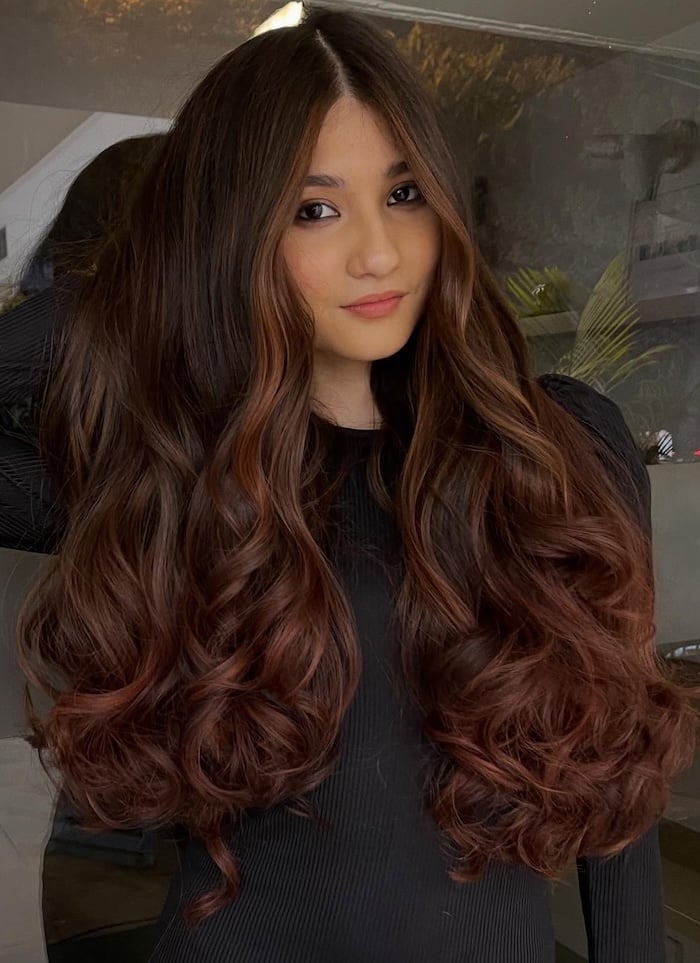 Mid-Back Voluminous Blowout With Layers — Classy Mahogany Hair